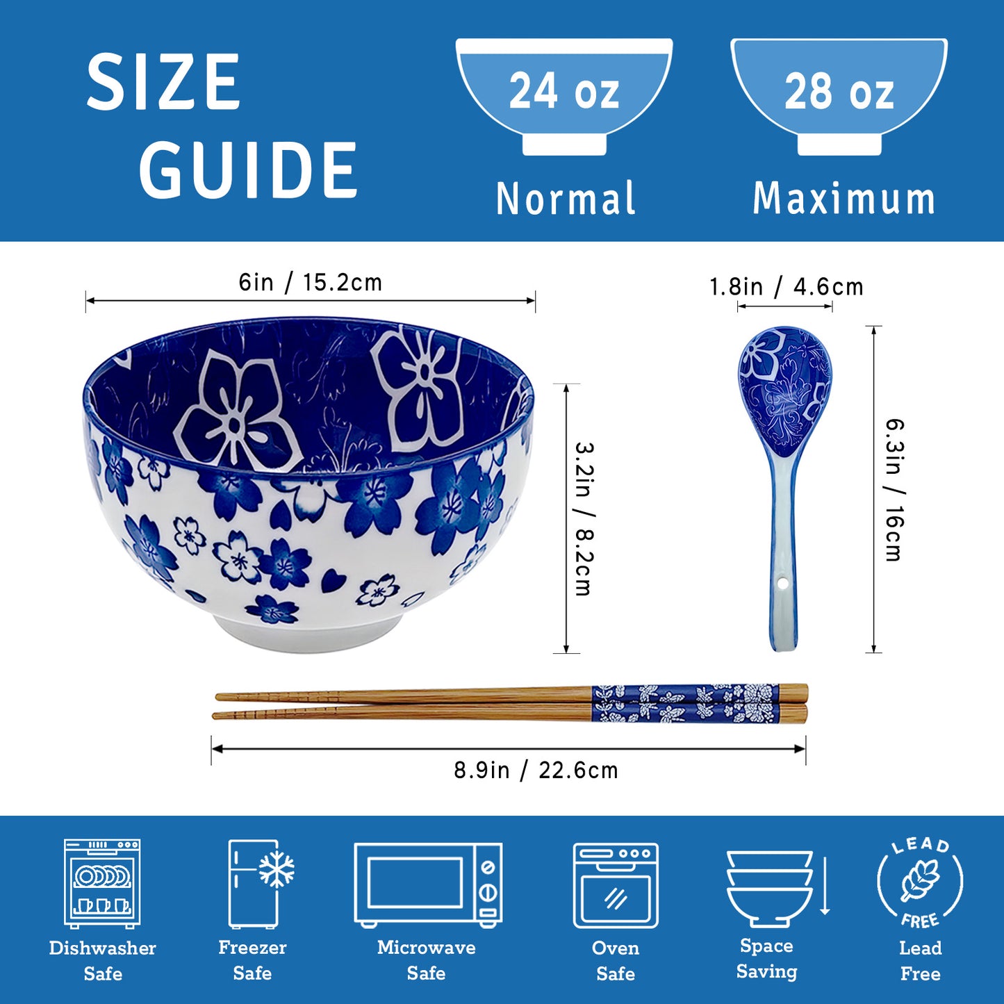 KeQiu Ceramic Japanese Bowl with Non-slip Spoon and Chopsticks, 6 Inch Cereal Bowl for Soup, Oatmeal, Fruit and Rice, Dishwasher & Microwave Safe, Spiral Pattern, 24 Oz Bowl with Spoon and Chopsticks