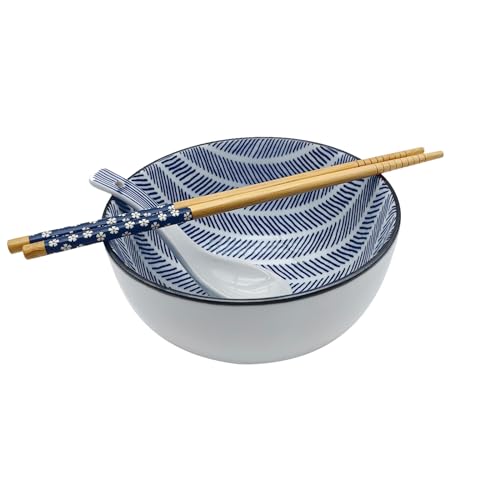 KeQiu 24 Oz Ceramic Japanese Bowl with Non-slip Spoon and Chopsticks, 6 Inch Cereal Bowl for Soup, Oatmeal, Fruit and Rice, Dishwasher & Microwave Safe, Floral & Grassed Pattern