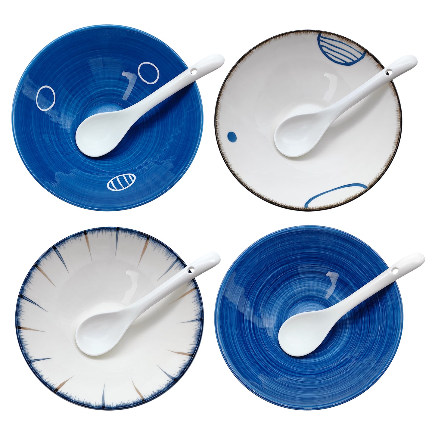 KeQiu Ceramic 8 Inch Ramen Bowls Set of 4 with Spoon, 38 Oz Soup Bowls for Udon, Soba, Noodles and Soup, Ideal for Japanese Cuisine Home Kitchen Dining, Blue and White