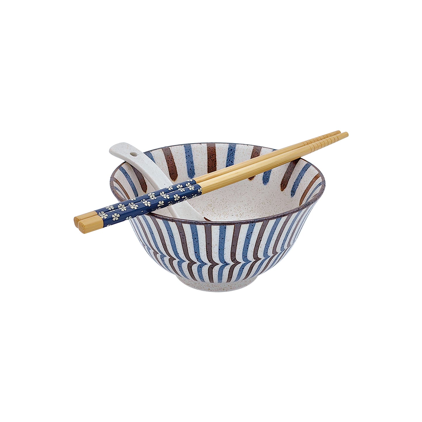 KeQiu Ceramic 5 Inch Single Rice Bowl with Chopsticks and Spoon,14 Oz Asian Rice Noodle Bowl Set,Dishwasher & Microwave Safe, Large Stripe Pattern