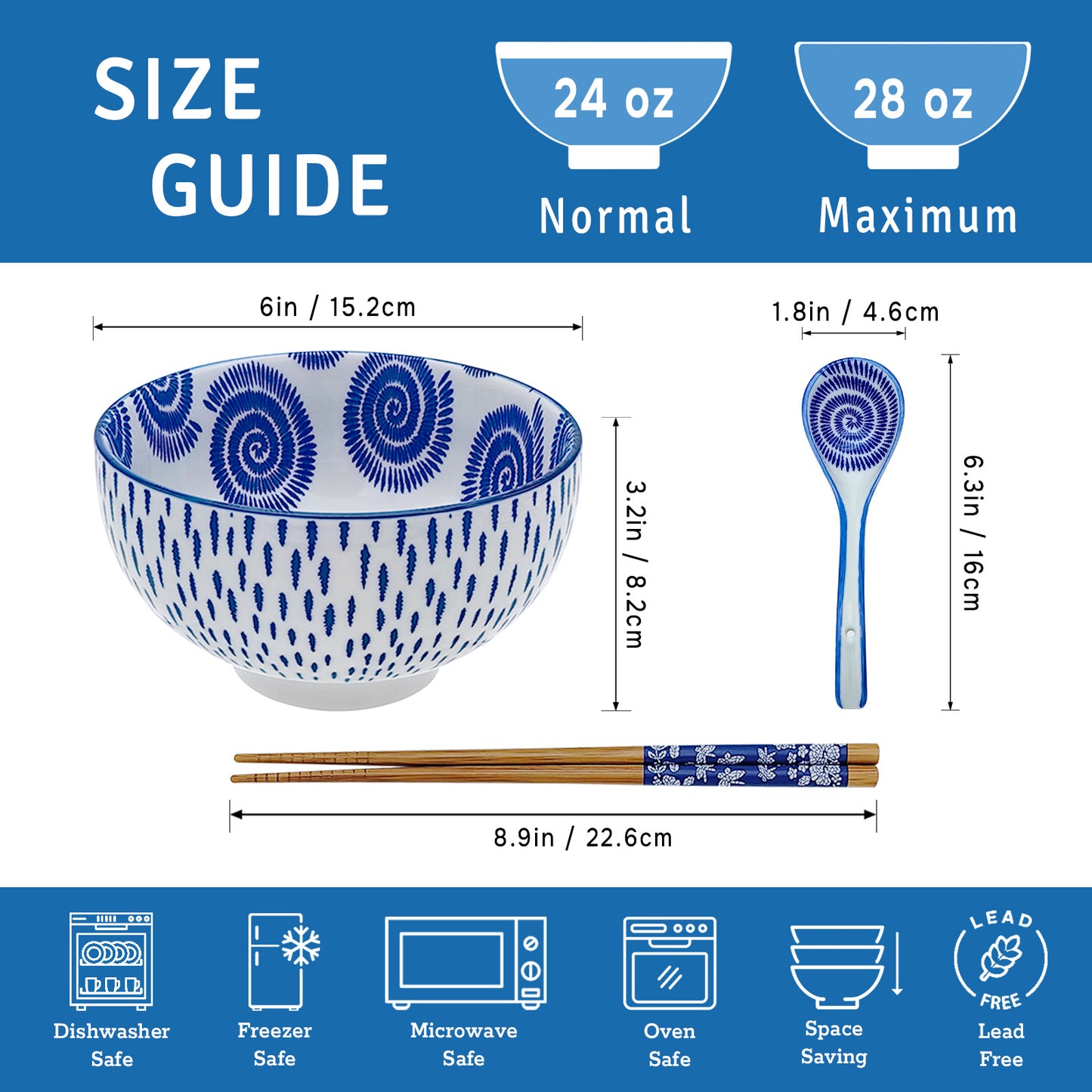 KeQiu Ceramic Japanese Bowl with Non-slip Spoon and Chopsticks, 6 Inch Cereal Bowl for Soup, Oatmeal, Fruit and Rice, Dishwasher & Microwave Safe, Spiral Pattern, 24 Oz Bowl with Spoon and Chopsticks