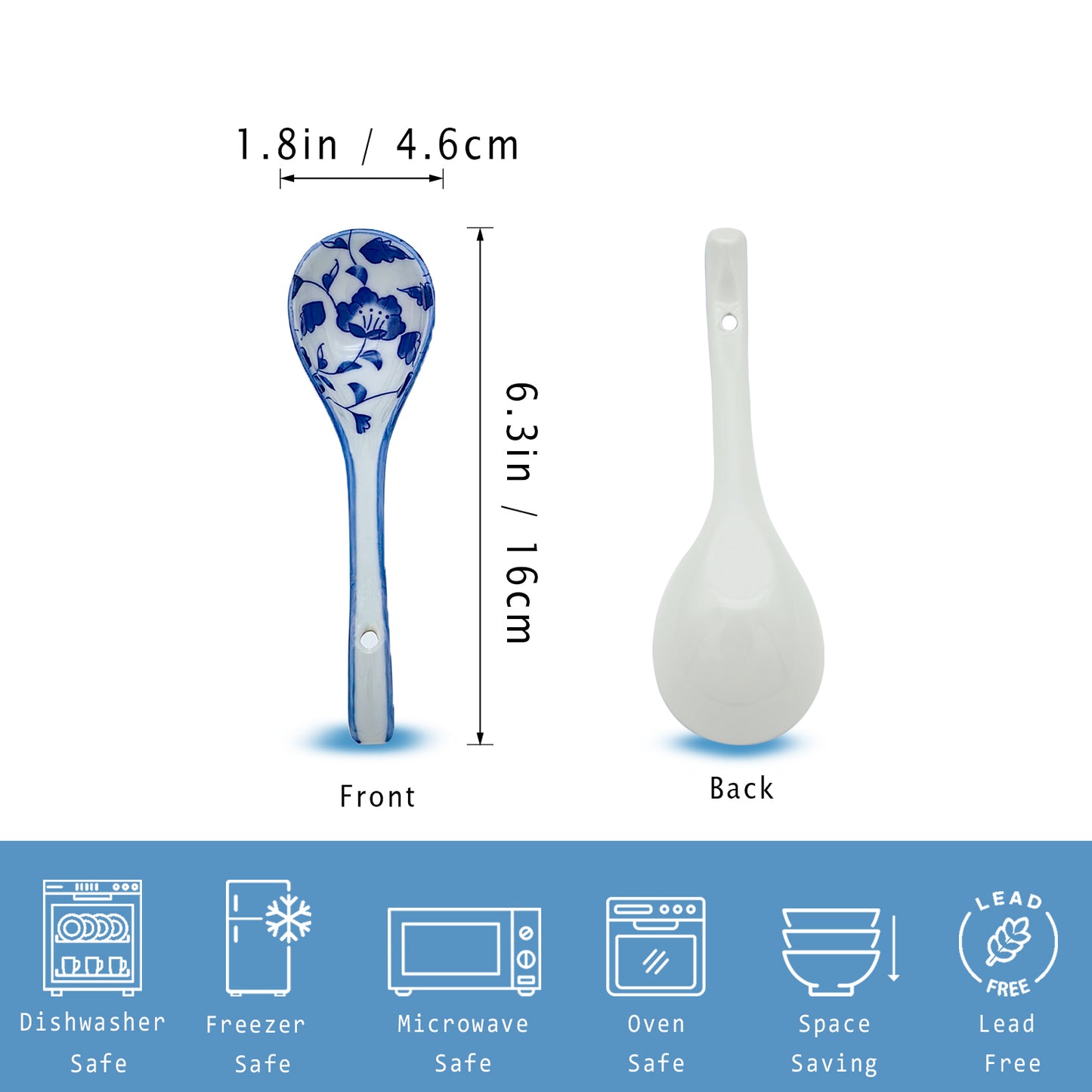 KeQiu Ceramic Non-slip Soup Spoons Set, 6.3 Inch Japanese Spoons for Wonton and Noodles, Dishwasher & Microwave Safe, Blue and White, Spoons Set of 6