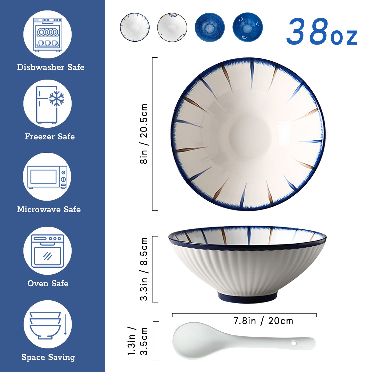 KeQiu Ceramic 8 Inch Ramen Bowls Set of 4 with Spoon, 38 Oz Soup Bowls for Udon, Soba, Noodles and Soup, Ideal for Japanese Cuisine Home Kitchen Dining, Blue and White