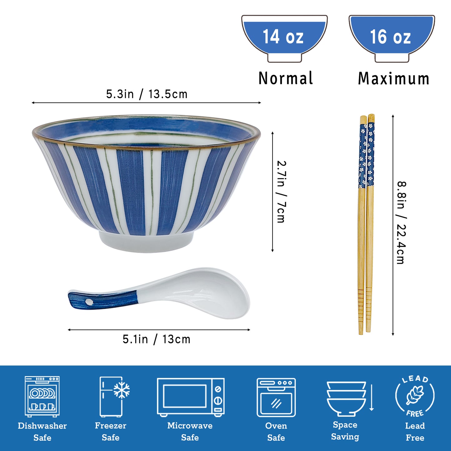 KeQiu Ceramic 5 Inch Single Rice Bowl with Chopsticks and Spoon,14 Oz Asian Rice Noodle Bowl Set,Dishwasher & Microwave Safe, Large Stripe Pattern