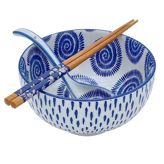 KeQiu Ceramic Japanese Bowl with Non-slip Spoon and Chopsticks, 6 Inch Cereal Bowl for Soup, Oatmeal, Fruit and Rice, Dishwasher & Microwave Safe, Spiral Pattern, 24 Oz Bowl with Spoon and Chopsticks