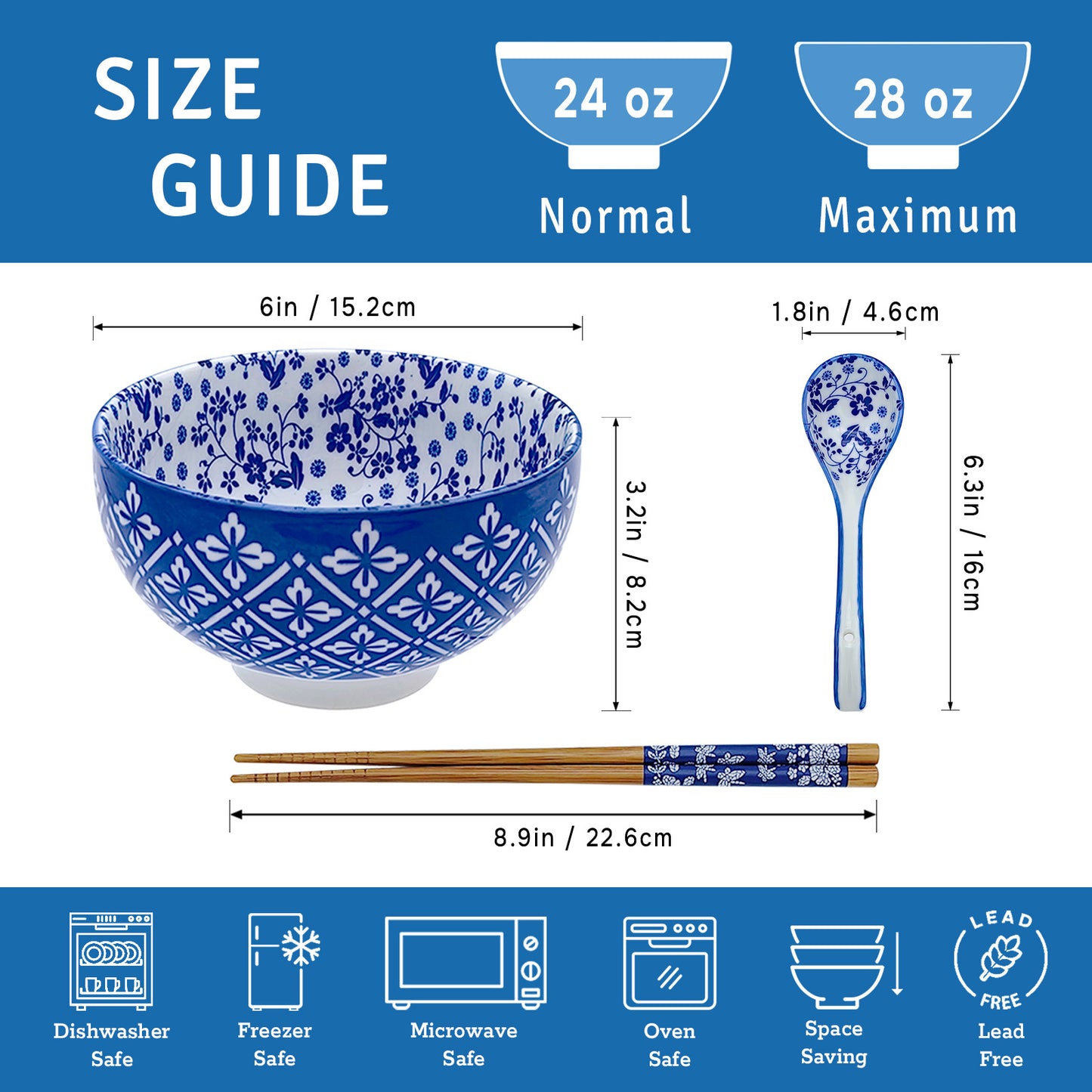 KeQiu 24 Oz Ceramic Japanese Bowl with Non-slip Spoon and Chopsticks, 6 Inch Cereal Bowl for Soup, Oatmeal, Fruit and Rice, Dishwasher & Microwave Safe, Floral & Rhombic Pattern