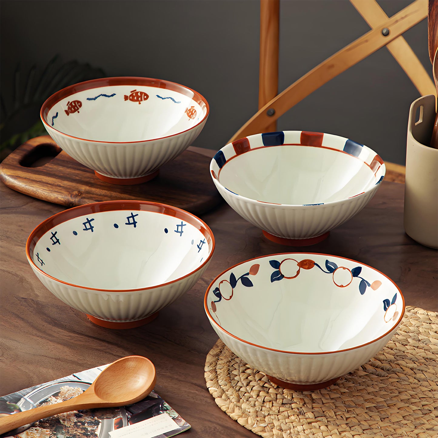 KeQiu Ceramic 8 Inch Ramen Bowls Set of 4 with Spoon, 38 Oz Soup Bowls for Udon, Soba, Noodles and Soup, Vintage Japanese Style, Perfect for Ramen Dining Experience