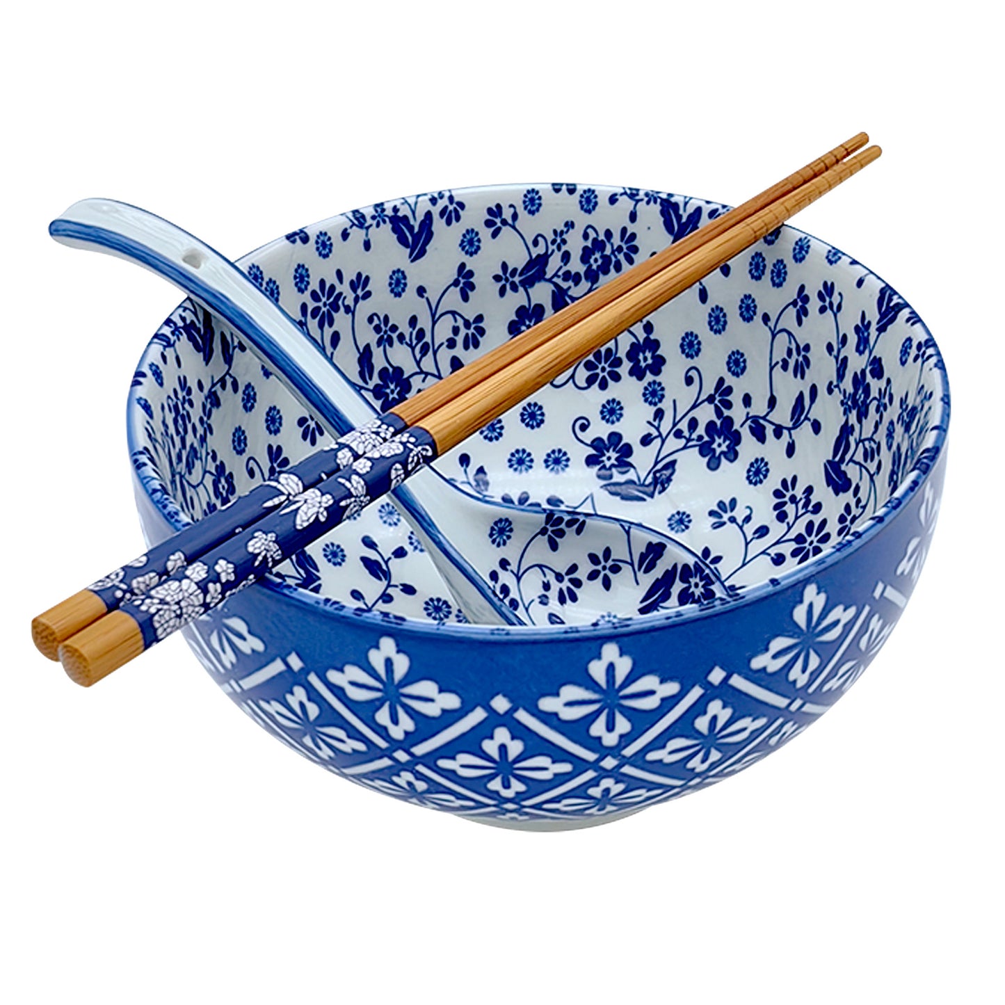 KeQiu 24 Oz Ceramic Japanese Bowl with Non-slip Spoon and Chopsticks, 6 Inch Cereal Bowl for Soup, Oatmeal, Fruit and Rice, Dishwasher & Microwave Safe, Floral & Rhombic Pattern