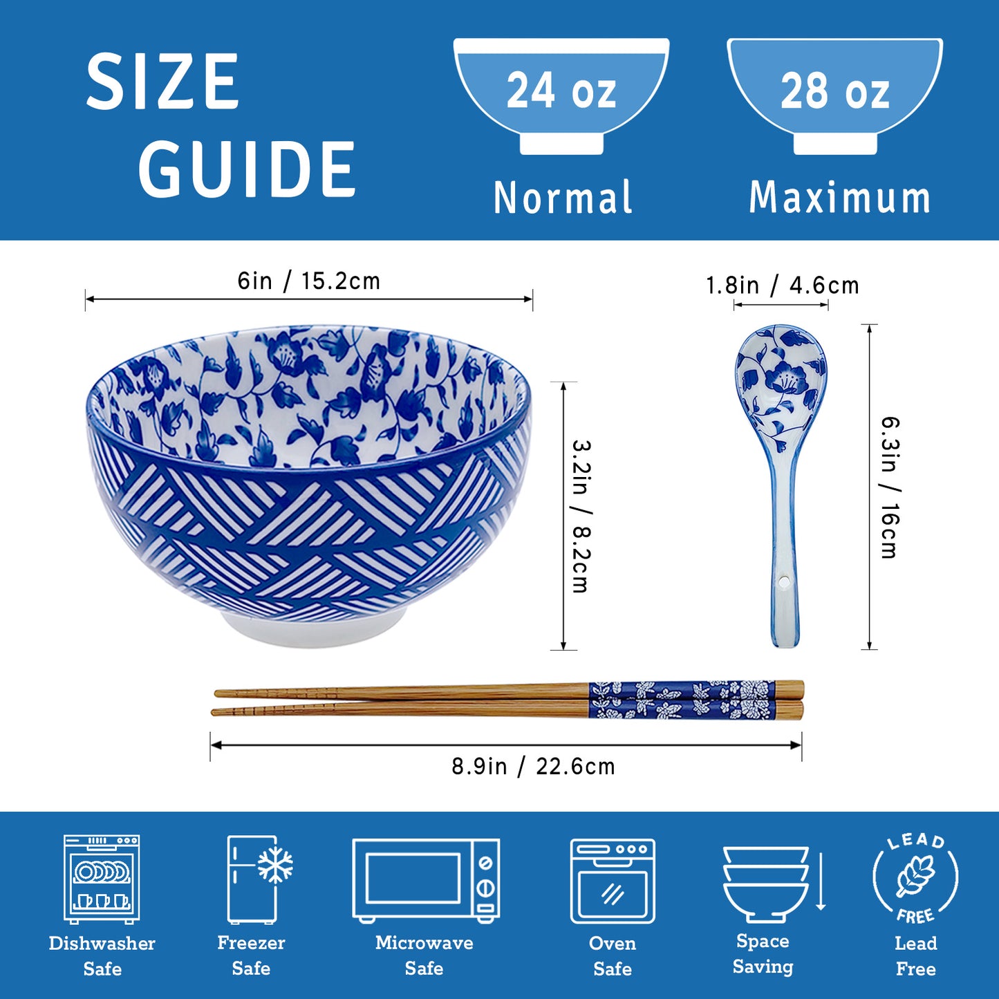 KeQiu 24 Oz Ceramic Japanese Bowl with Non-slip Spoon and Chopsticks, 6 Inch Cereal Bowl for Soup, Oatmeal, Fruit and Rice, Dishwasher & Microwave Safe, Floral & Striped Pattern