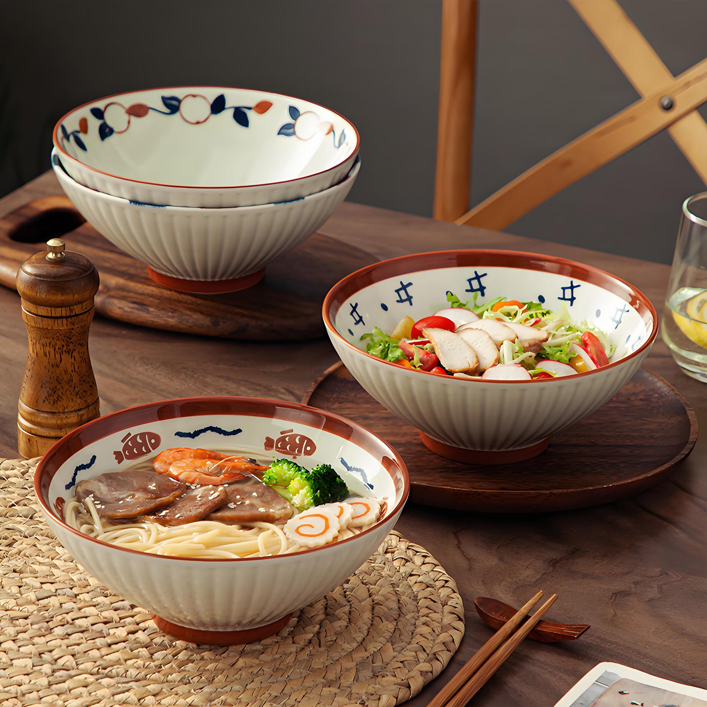 KeQiu Ceramic 8 Inch Ramen Bowls Set of 4 with Spoon, 38 Oz Soup Bowls for Udon, Soba, Noodles and Soup, Vintage Japanese Style, Perfect for Ramen Dining Experience