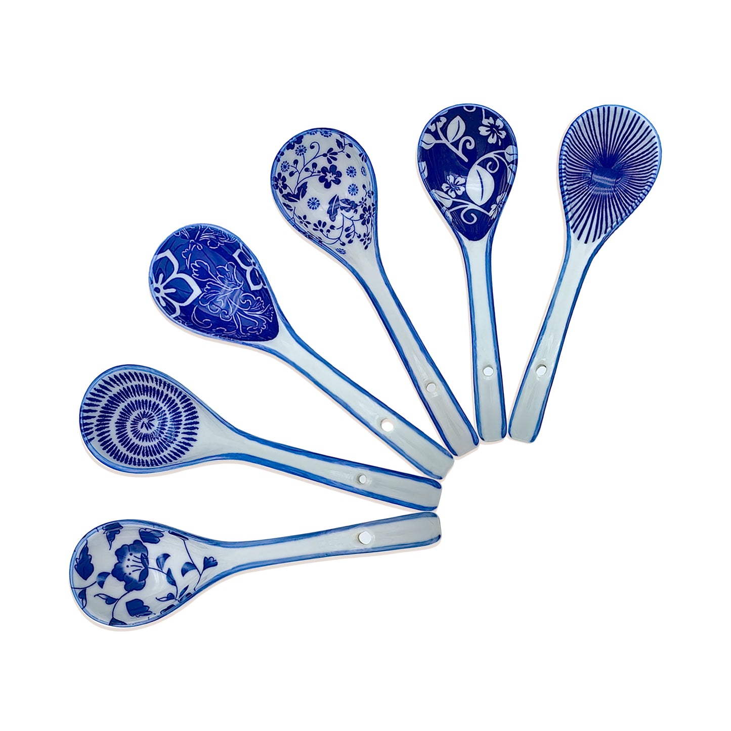 KeQiu Ceramic Non-slip Soup Spoons Set, 6.3 Inch Japanese Spoons for Wonton and Noodles, Dishwasher & Microwave Safe, Blue and White, Spoons Set of 6