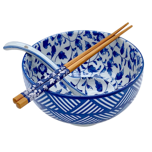 KeQiu 24 Oz Ceramic Japanese Bowl with Non-slip Spoon and Chopsticks, 6 Inch Cereal Bowl for Soup, Oatmeal, Fruit and Rice, Dishwasher & Microwave Safe, Floral & Striped Pattern