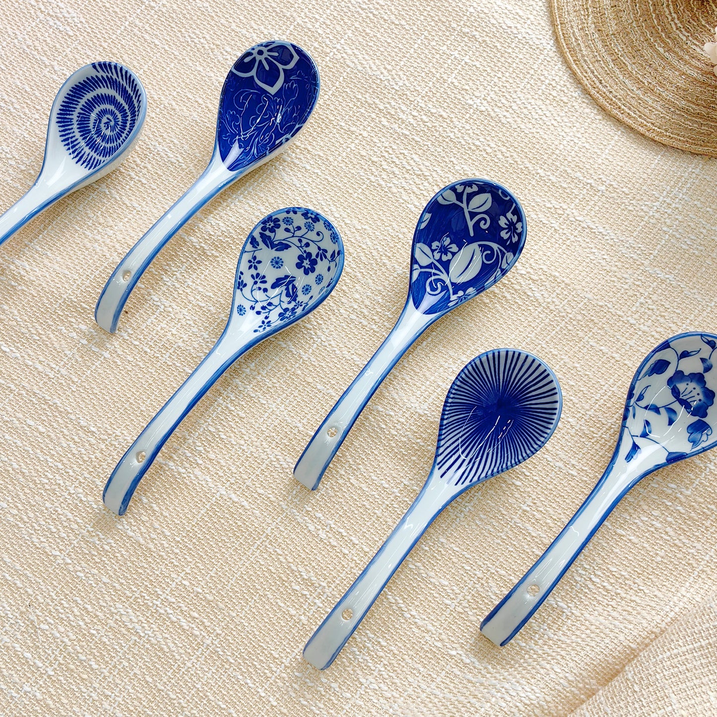 KeQiu Ceramic Non-slip Soup Spoons Set, 6.3 Inch Japanese Spoons for Wonton and Noodles, Dishwasher & Microwave Safe, Blue and White, Spoons Set of 6