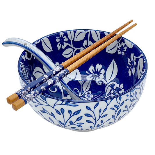 KeQiu 24 Oz Ceramic Japanese Bowl with Non-slip Spoon and Chopsticks, 6 Inch Cereal Bowl for Soup, Oatmeal, Fruit and Rice, Dishwasher & Microwave Safe, Floral & Grassed Pattern