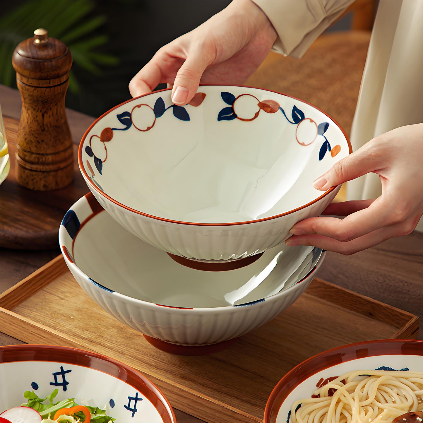 KeQiu Ceramic 8 Inch Ramen Bowls Set of 4 with Spoon, 38 Oz Soup Bowls for Udon, Soba, Noodles and Soup, Vintage Japanese Style, Perfect for Ramen Dining Experience