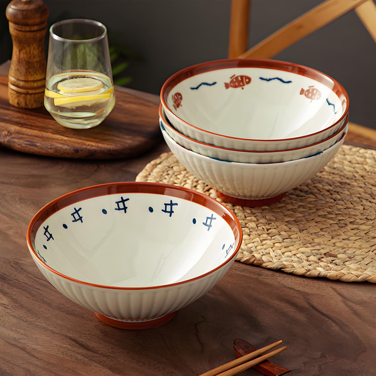 KeQiu Ceramic 8 Inch Ramen Bowls Set of 4 with Spoon, 38 Oz Soup Bowls for Udon, Soba, Noodles and Soup, Vintage Japanese Style, Perfect for Ramen Dining Experience