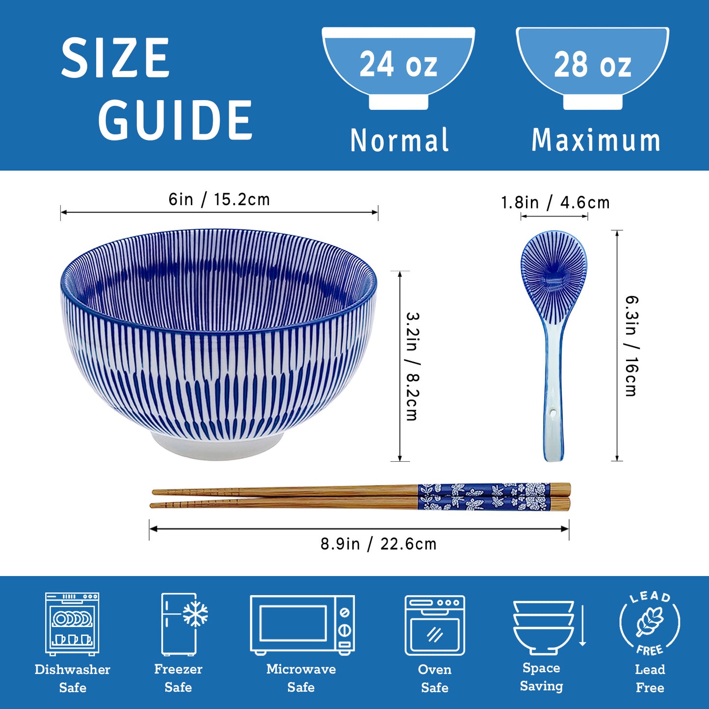 KeQiu 24 Oz Ceramic Japanese Bowl with Non-slip Spoon and Chopsticks, 6 Inch Cereal Bowl for Soup, Oatmeal, Fruit and Rice, Dishwasher & Microwave Safe, Dense-lined Pattern