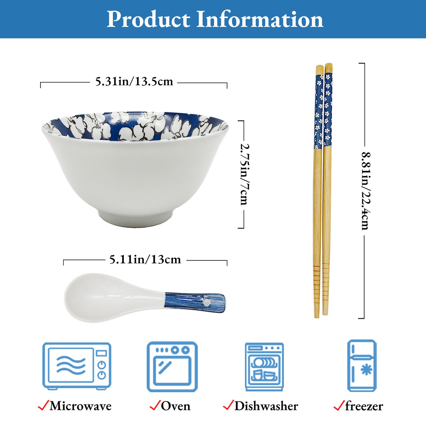 KeQiu Ceramic 5 Inch Single Rice Bowl with Chopsticks and Spoon,14 Oz Asian Rice Noodle Bowl Set,Dishwasher & Microwave Safe, Large Stripe Pattern