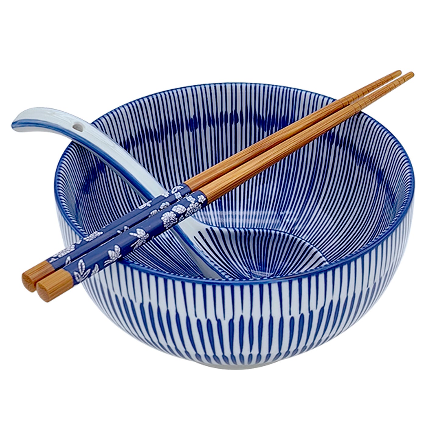 KeQiu 24 Oz Ceramic Japanese Bowl with Non-slip Spoon and Chopsticks, 6 Inch Cereal Bowl for Soup, Oatmeal, Fruit and Rice, Dishwasher & Microwave Safe, Dense-lined Pattern