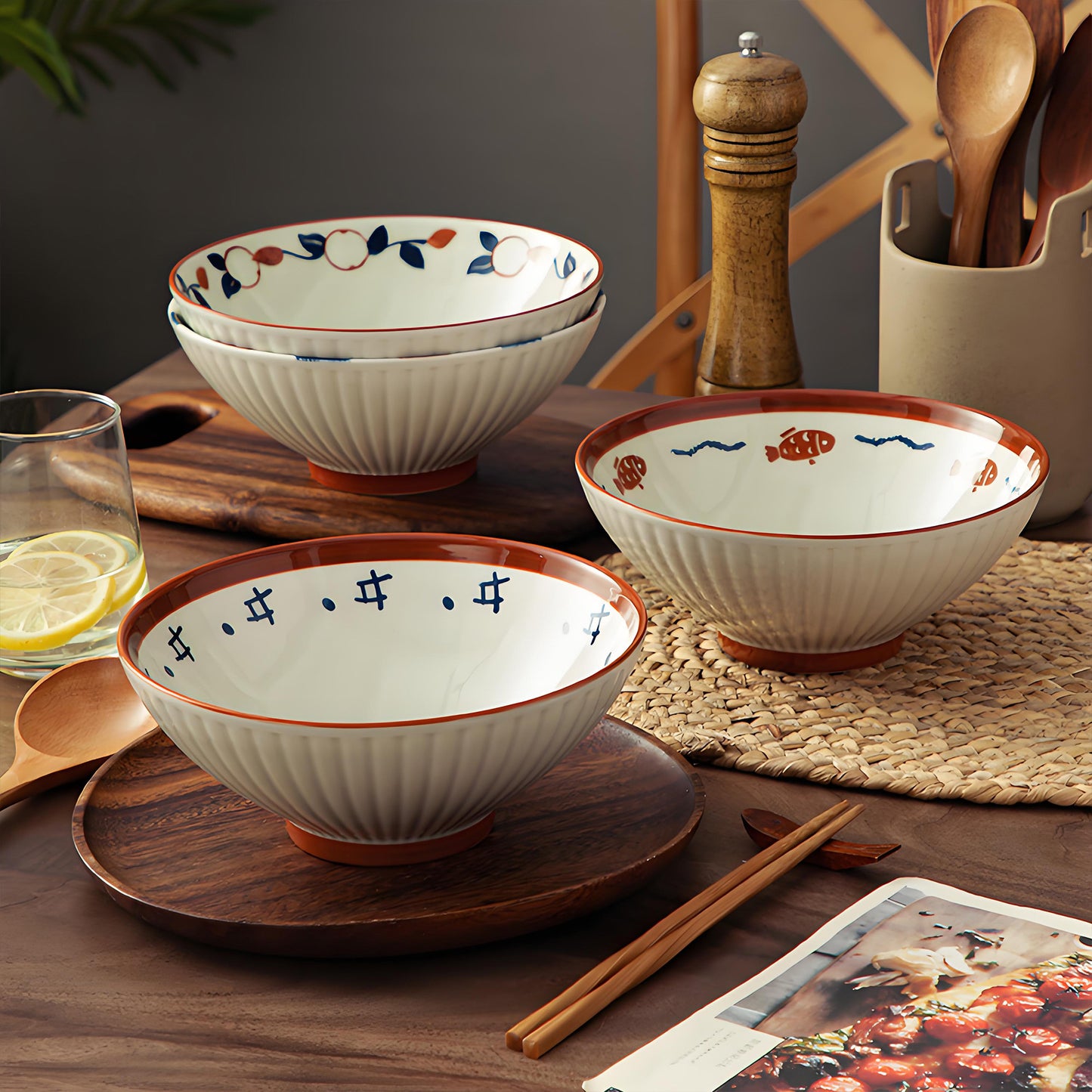 KeQiu Ceramic 8 Inch Ramen Bowls Set of 4 with Spoon, 38 Oz Soup Bowls for Udon, Soba, Noodles and Soup, Vintage Japanese Style, Perfect for Ramen Dining Experience