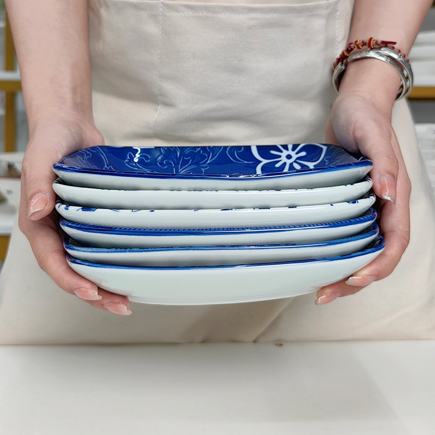 KeQiu Ceramic Appetizer Plates Set with Spoons, 8 Inch Rectangular Sushi Plates Set of 6, Plates for Pasta, Salad and Steak, Dishwasher & Microwave Safe, Blue and White, Dense-lined Pattern