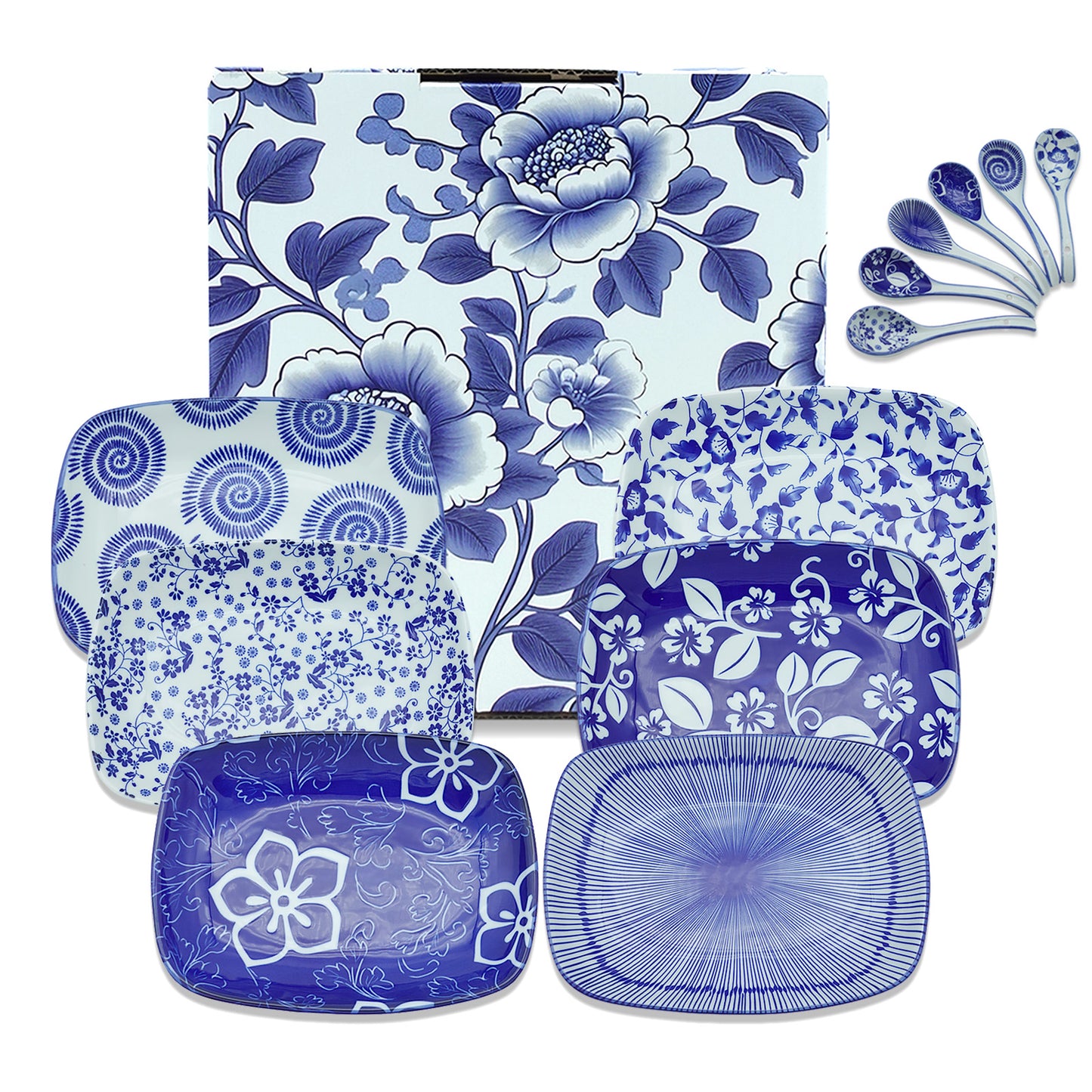 KeQiu Ceramic Appetizer Plates Set with Spoons, 8 Inch Rectangular Sushi Plates Set of 6, Plates for Pasta, Salad and Steak, Dishwasher & Microwave Safe, Blue and White, Dense-lined Pattern