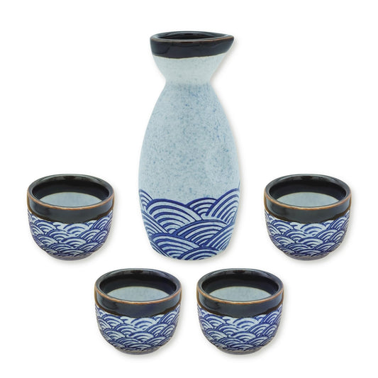 KeQiu Ceramic Japanese Sake Set, Bottle and Cups for Sake, Dishwasher & Microwave Safe, Blue Wave Pattern, 1 Sake Bottle and 4 Sake Cups