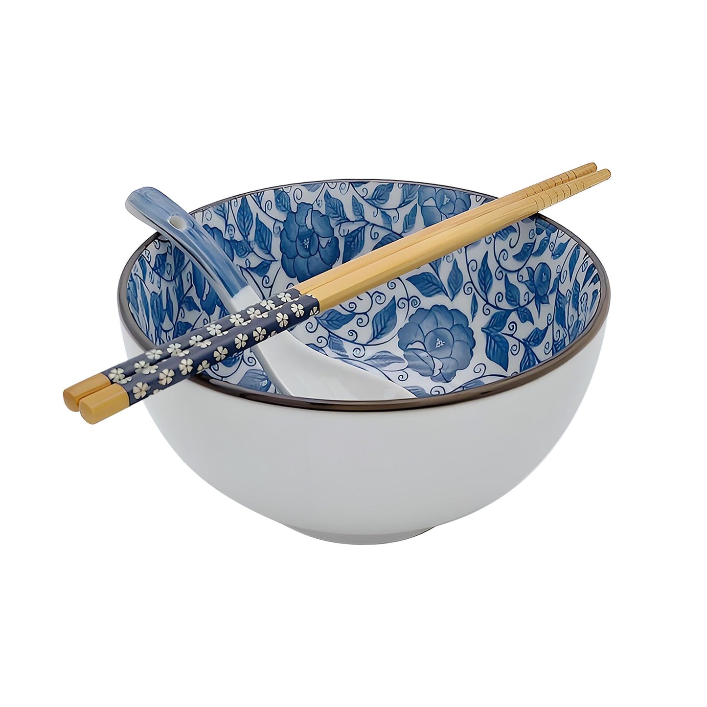 KeQiu 24 Oz Ceramic Japanese Bowl with Non-slip Spoon and Chopsticks, 6 Inch Cereal Bowl for Soup, Oatmeal, Fruit and Rice, Dishwasher & Microwave Safe, Floral & Grassed Pattern