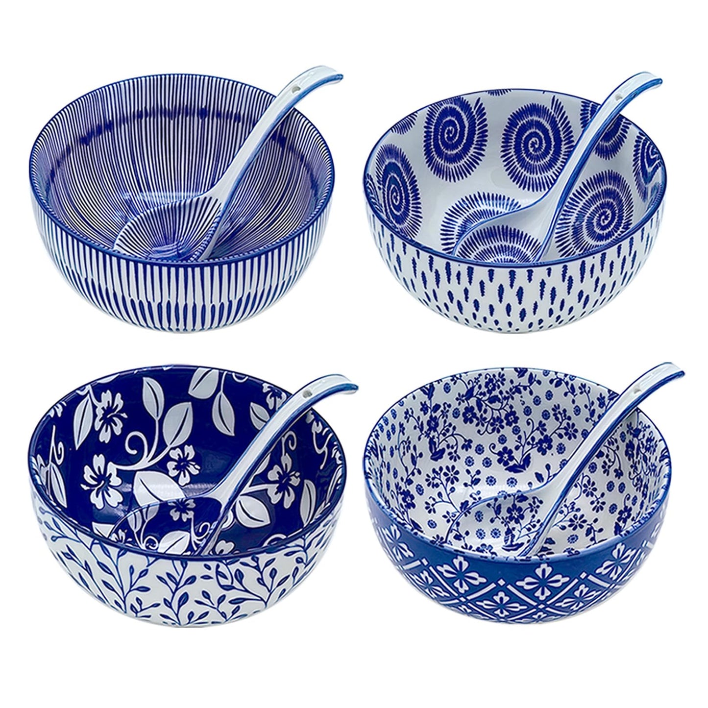 KeQiu Japanese Style 6 Inch Ceramic Bowls Set of 4 with Spoons, 24 Oz Cereal Bowls Perfect for Soup, Cereal, Oatmeal, Fruit, Rice, Dishwasher & Microwave Safe