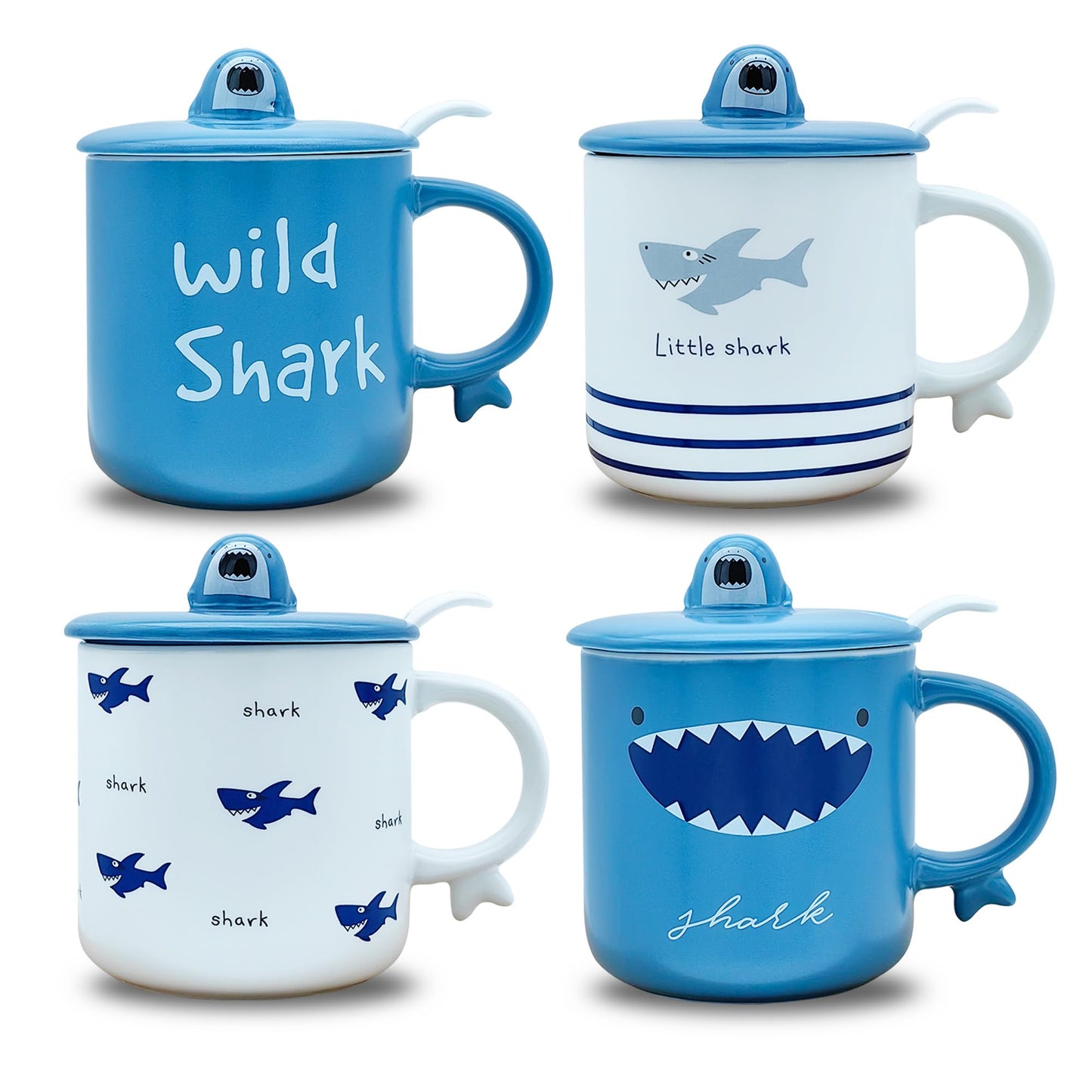 KeQiu Shark Pattern 12 Oz Ceramic Coffee Mug Set of 4 with Lid and Spoon, Perfect for Coffee,Tea and Milk, Microwave and Dishwasher Safe, Cute Kitchenware Gift for Coffee Lovers