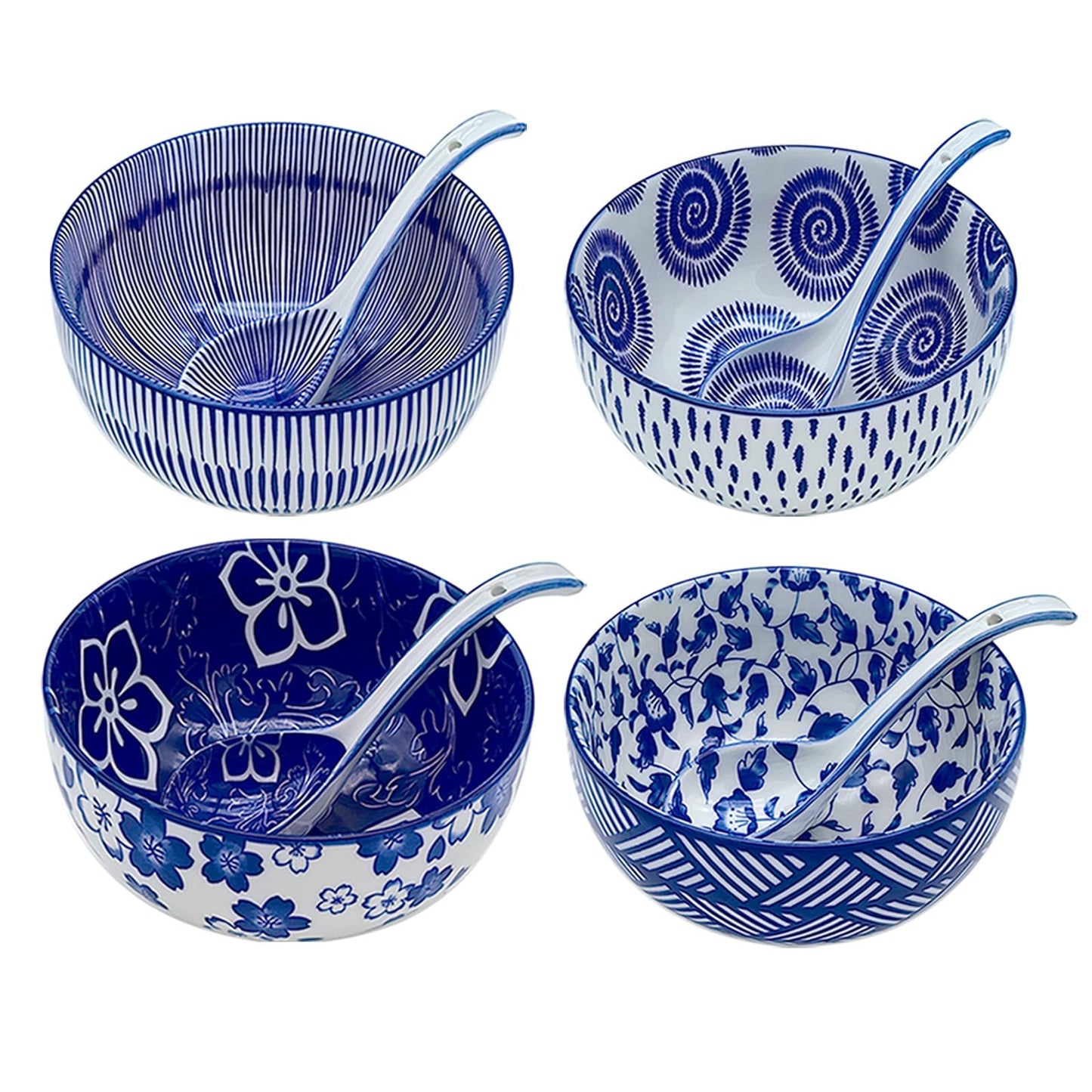 KeQiu Japanese Style 6 Inch Ceramic Bowls Set of 4 with Spoons, 24 Oz Cereal Bowls Perfect for Soup, Cereal, Oatmeal, Fruit, Rice, Dishwasher & Microwave Safe