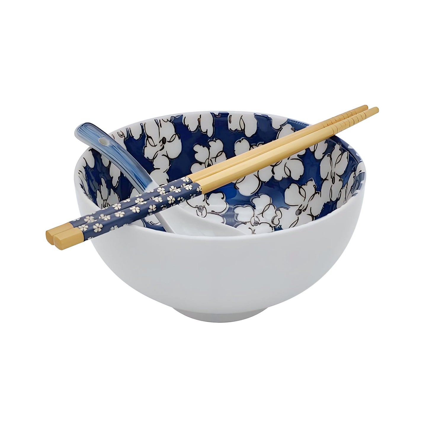 KeQiu 24 Oz Ceramic Japanese Bowl with Non-slip Spoon and Chopsticks, 6 Inch Cereal Bowl for Soup, Oatmeal, Fruit and Rice, Dishwasher & Microwave Safe, Floral & Grassed Pattern