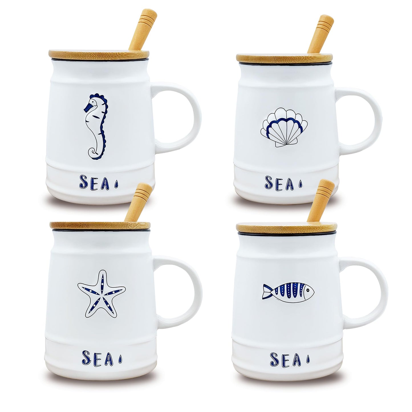 KeQiu Ocean Style 14 Oz Ceramic Coffee Mug Set of 4 with Lid and Spoon, Unique Design, Ideal for Coffee, Tea, Milk and Hot Cocoa, Microwave and Dishwasher Safe