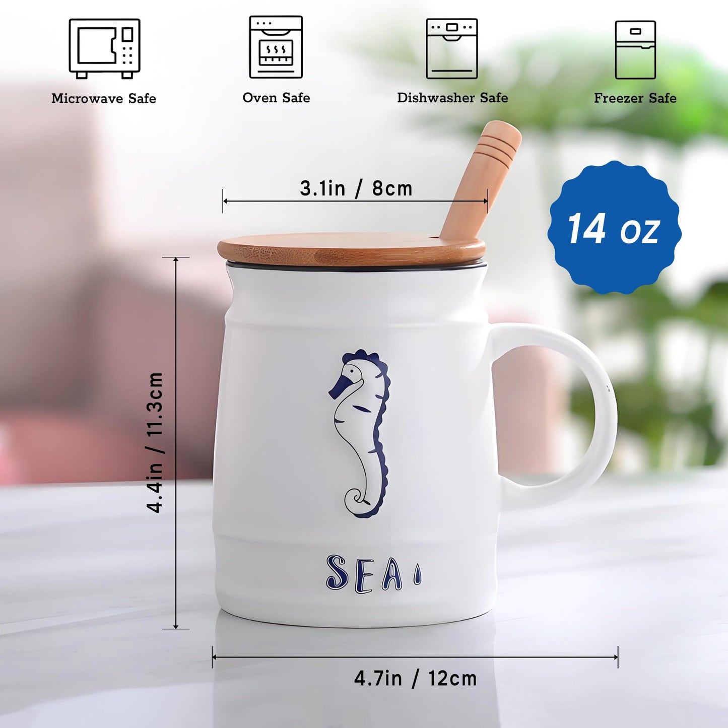 KeQiu Ocean Style 14 Oz Ceramic Coffee Mug Set of 4 with Lid and Spoon, Unique Design, Ideal for Coffee, Tea, Milk and Hot Cocoa, Microwave and Dishwasher Safe