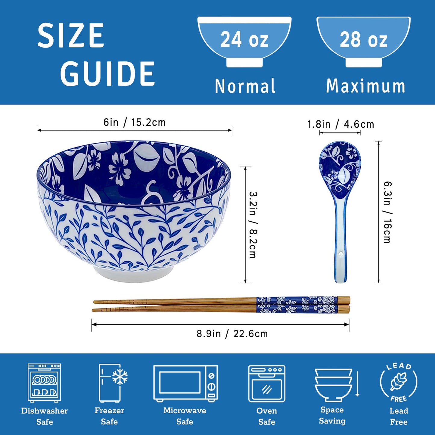 KeQiu 24 Oz Ceramic Japanese Bowl with Non-slip Spoon and Chopsticks, 6 Inch Cereal Bowl for Soup, Oatmeal, Fruit and Rice, Dishwasher & Microwave Safe, Floral & Grassed Pattern