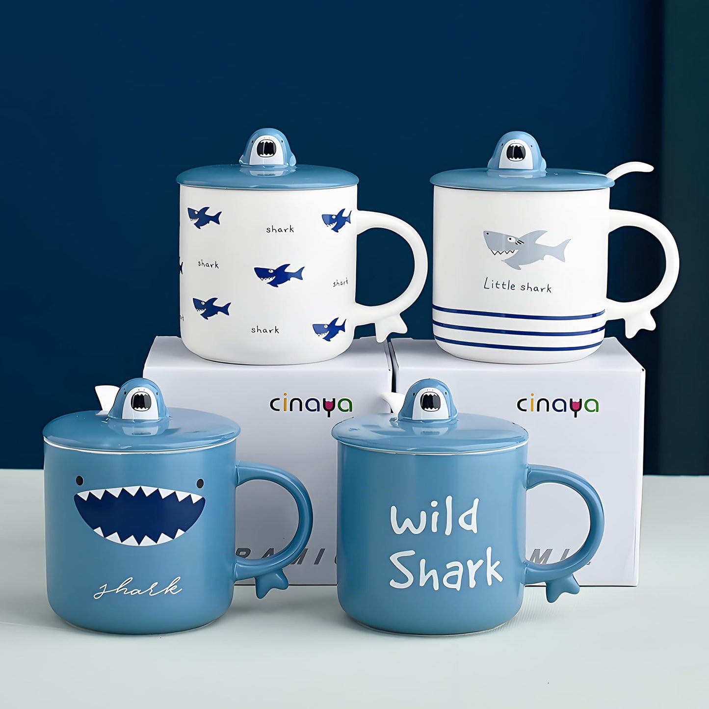 KeQiu Shark Pattern 12 Oz Ceramic Coffee Mug Set of 4 with Lid and Spoon, Perfect for Coffee,Tea and Milk, Microwave and Dishwasher Safe, Cute Kitchenware Gift for Coffee Lovers