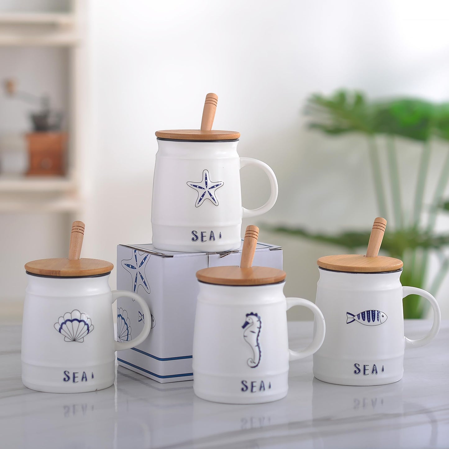 KeQiu Ocean Style 14 Oz Ceramic Coffee Mug Set of 4 with Lid and Spoon, Unique Design, Ideal for Coffee, Tea, Milk and Hot Cocoa, Microwave and Dishwasher Safe