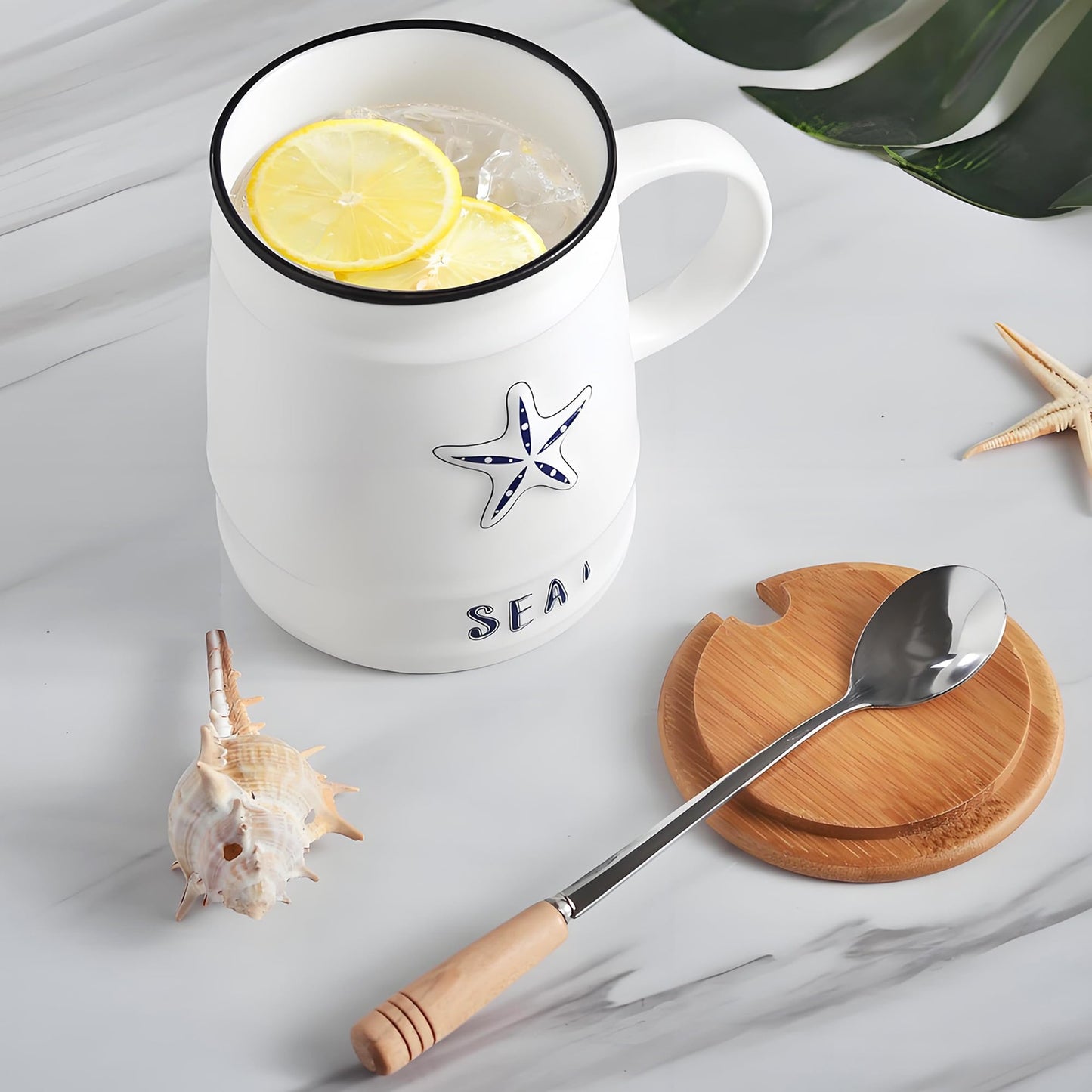 KeQiu Ocean Style 14 Oz Ceramic Coffee Mug Set of 4 with Lid and Spoon, Unique Design, Ideal for Coffee, Tea, Milk and Hot Cocoa, Microwave and Dishwasher Safe