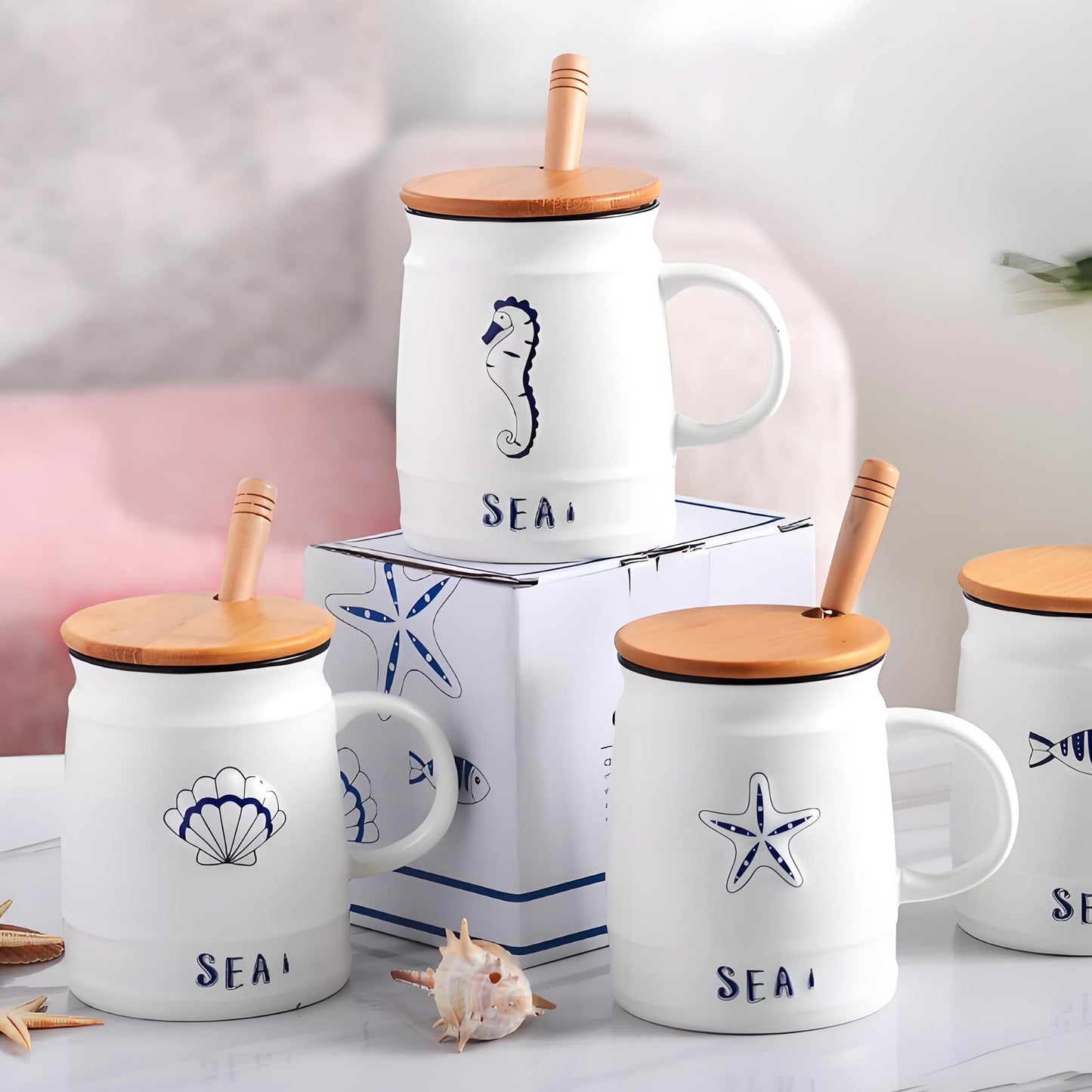 KeQiu Ocean Style 14 Oz Ceramic Coffee Mug Set of 4 with Lid and Spoon, Unique Design, Ideal for Coffee, Tea, Milk and Hot Cocoa, Microwave and Dishwasher Safe