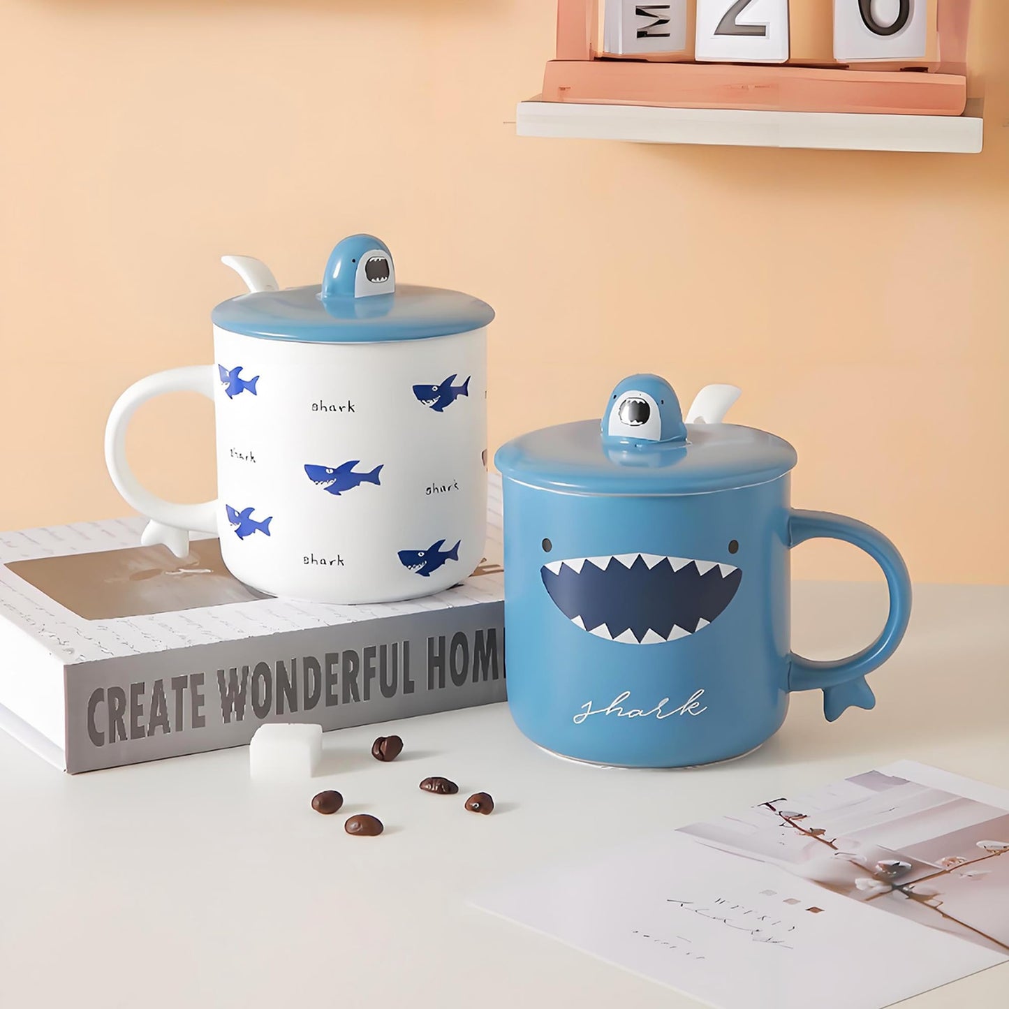 KeQiu Shark Pattern 12 Oz Ceramic Coffee Mug Set of 4 with Lid and Spoon, Perfect for Coffee,Tea and Milk, Microwave and Dishwasher Safe, Cute Kitchenware Gift for Coffee Lovers